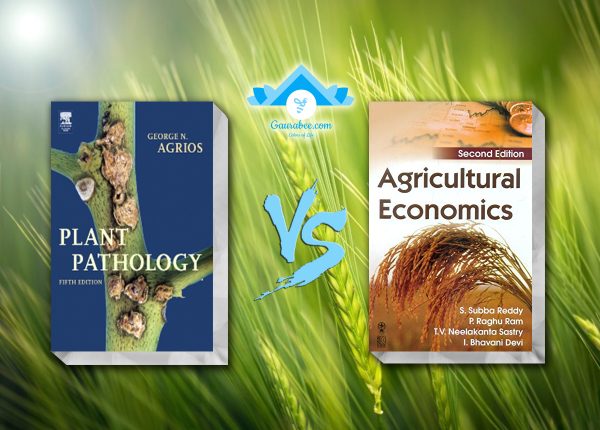 Books of Plant Pathology and Agricultural Economics with wheat field in the background