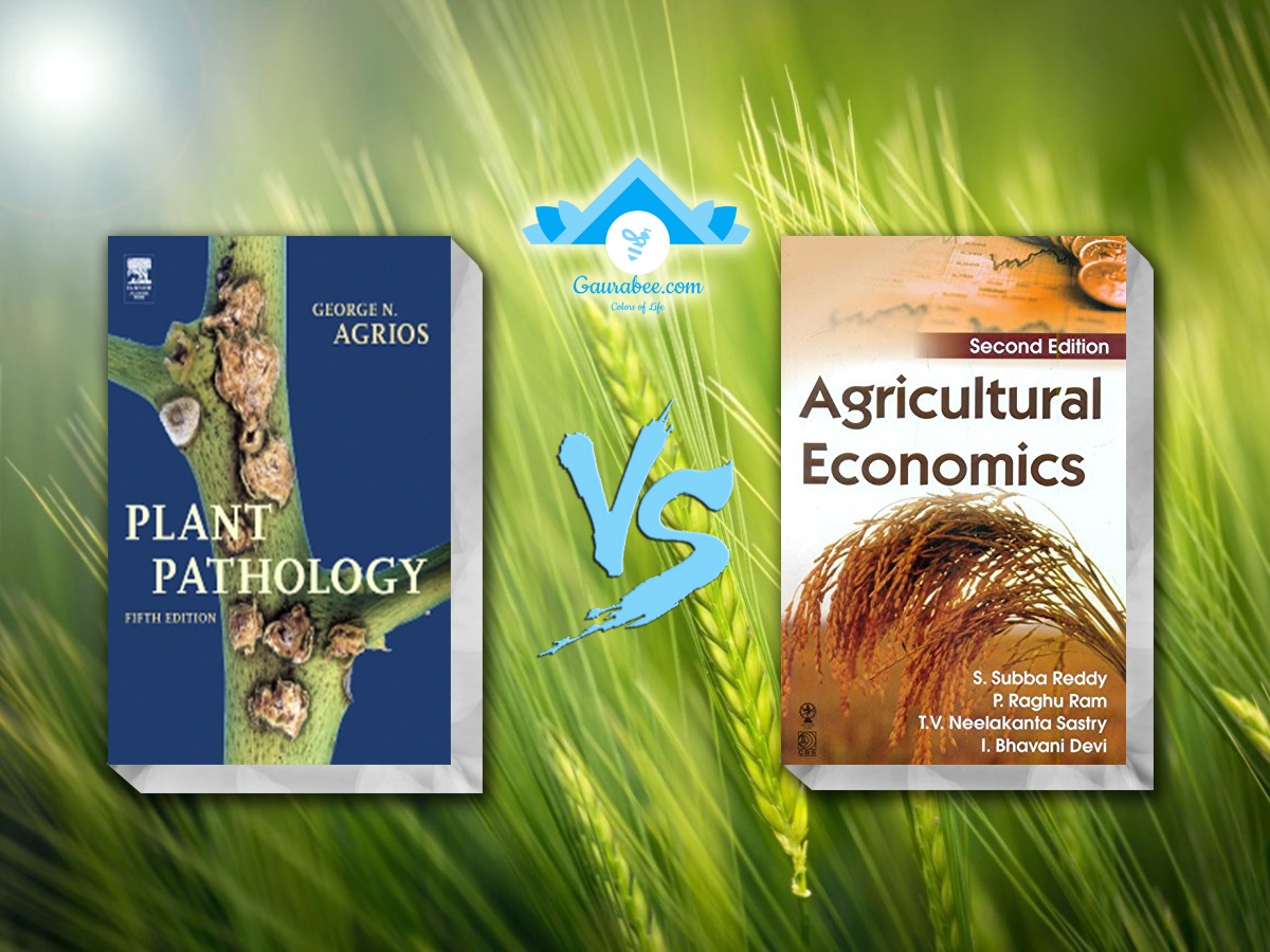Books of Plant Pathology and Agricultural Economics with wheat field in the background