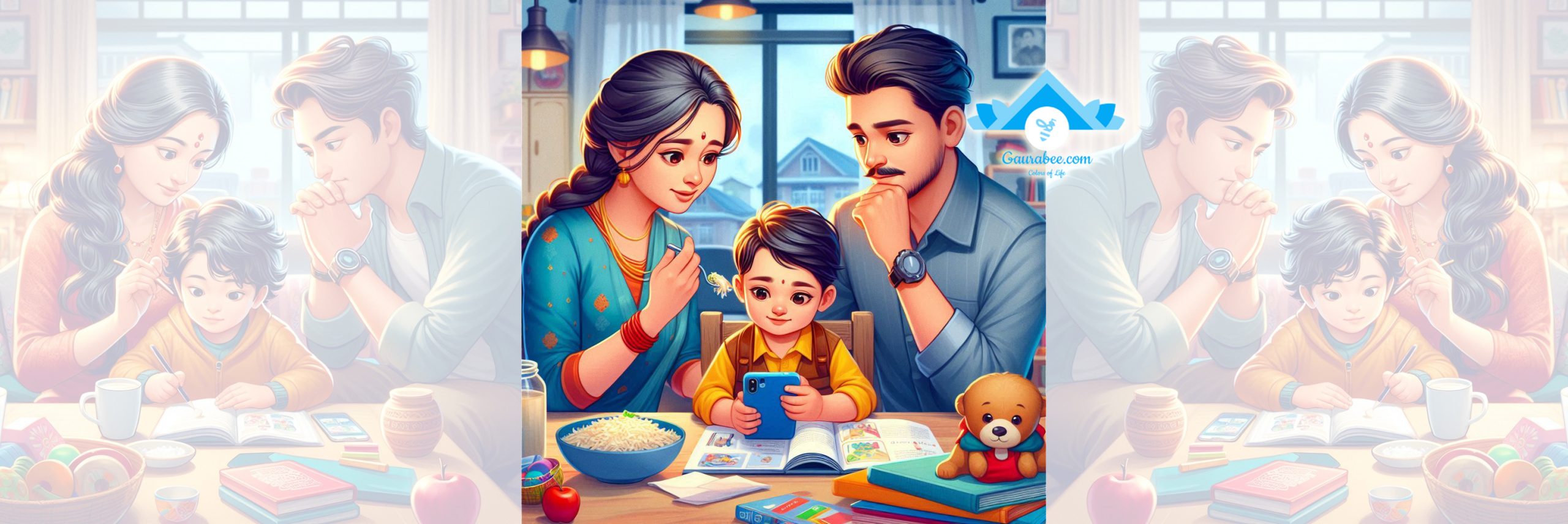 A heartwarming scene in Nepalese setting showing mother and father lovingly watching their young son. The mother is concerned about the son eating and doing homework, while the father is worried about the son using a mobile phone and learning household chores. The background shows a cozy home setting with toys and books scattered around, symbolizing the child's activities. The mother's face reflects care and nurturing, while the father's expression shows thoughtful guidance.