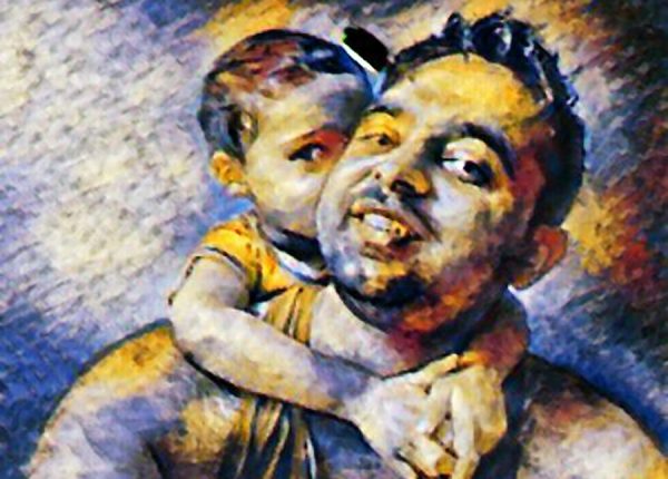 baby hides behind dad