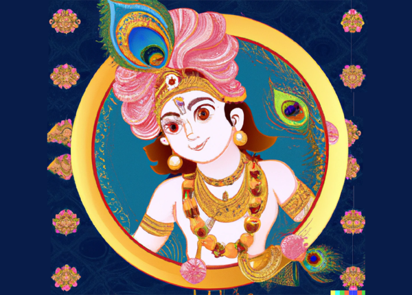 An artistic representation showcasing Krishna's versatility