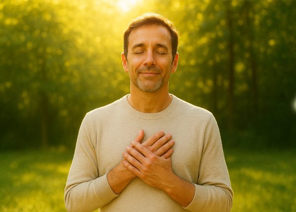 A middle-aged man standing outdoors in gentle morning sunlight, eyes closed and a soft, peaceful smile on his face. His hands are folded in gratitude at his chest, as warm golden rays filter through lush green trees in the background. The atmosphere feels serene, divine, and full of hope — symbolizing healing, renewal, and surrender to life’s grace after overcoming hardship. The light subtly touches his face, giving a soft glow of inner peace and spiritual awakening. The overall mood is calm, natural, and inspirational — a moment of silent thankfulness for the gift of life