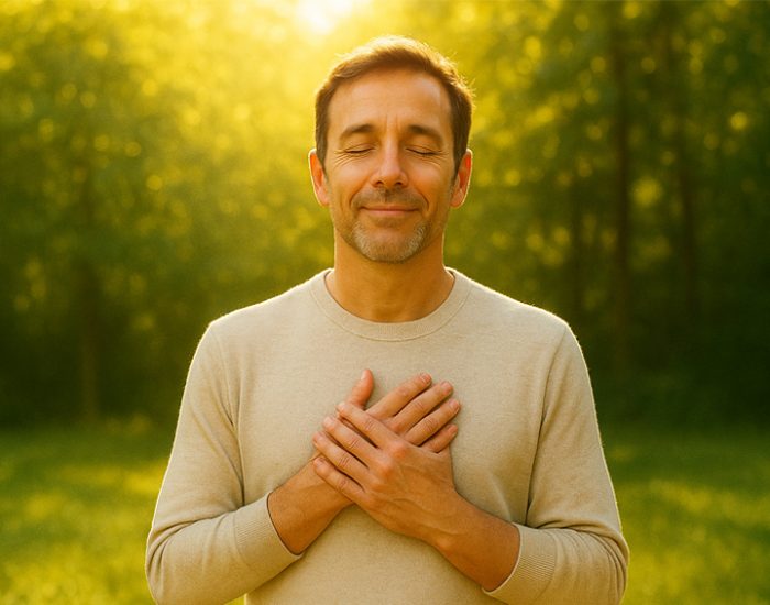 A middle-aged man standing outdoors in gentle morning sunlight, eyes closed and a soft, peaceful smile on his face. His hands are folded in gratitude at his chest, as warm golden rays filter through lush green trees in the background. The atmosphere feels serene, divine, and full of hope — symbolizing healing, renewal, and surrender to life’s grace after overcoming hardship. The light subtly touches his face, giving a soft glow of inner peace and spiritual awakening. The overall mood is calm, natural, and inspirational — a moment of silent thankfulness for the gift of life