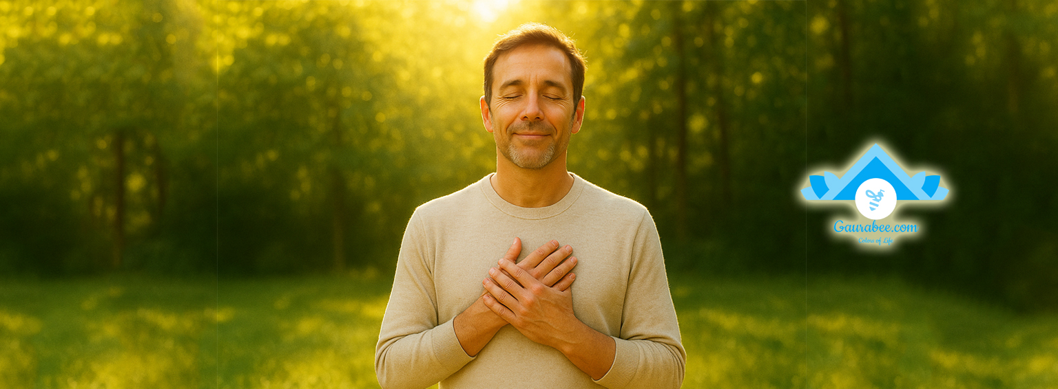 A middle-aged man standing outdoors in gentle morning sunlight, eyes closed and a soft, peaceful smile on his face. His hands are folded in gratitude at his chest, as warm golden rays filter through lush green trees in the background. The atmosphere feels serene, divine, and full of hope — symbolizing healing, renewal, and surrender to life’s grace after overcoming hardship. The light subtly touches his face, giving a soft glow of inner peace and spiritual awakening. The overall mood is calm, natural, and inspirational — a moment of silent thankfulness for the gift of life